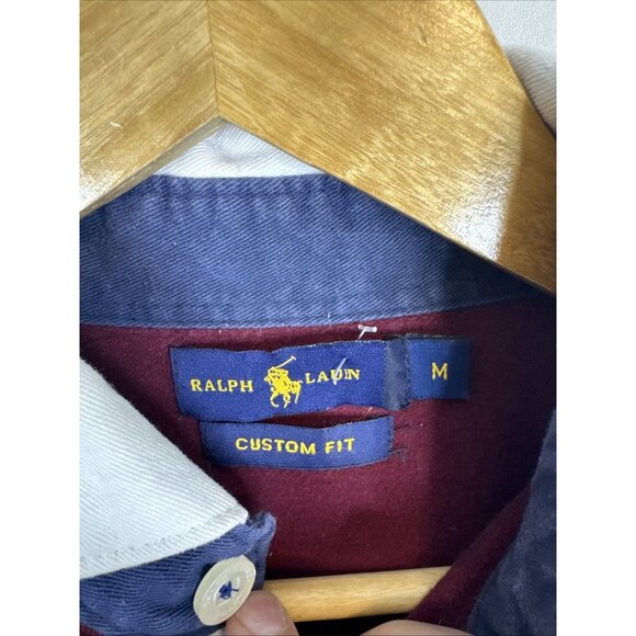 Polo Ralph Lauren Rugby Shirt Mens M Custom Fit Burgundy Striped Slim Fit - Picture 4 of 5
